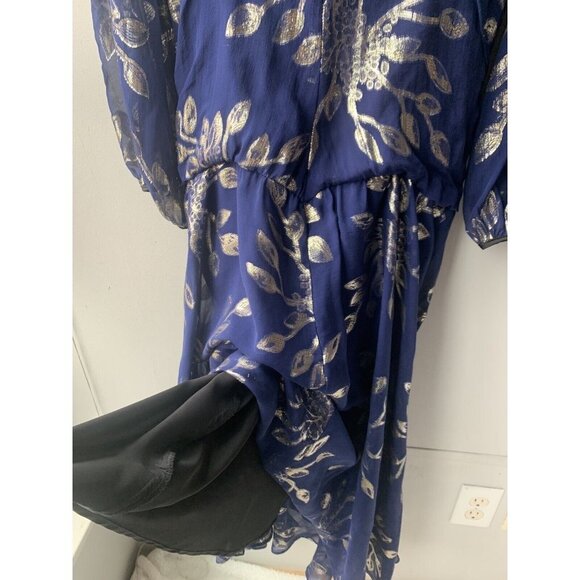 Anthropology DELFI Collective Navy and Silver Print Gown Long Dress Pure Silk L - Picture 9 of 9